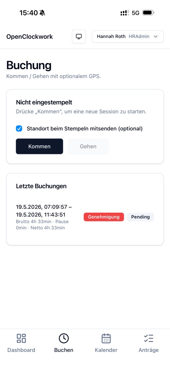 Mobile Kommen-Gehen Buchung mit Projektzuordnung